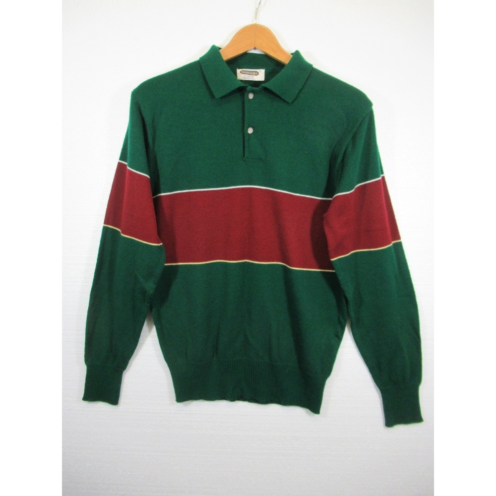 Vintage 70s Arrow Shelter Bay Polo Sweater Men Large Green Colorblock Acrylic